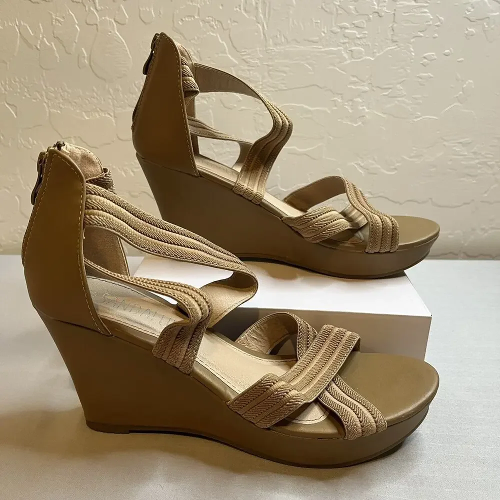 Platform Wedge Sandal Size 9 Tan Strappy Zip Up Back Shoes Sandals Open Toe - Picture 3 of 11